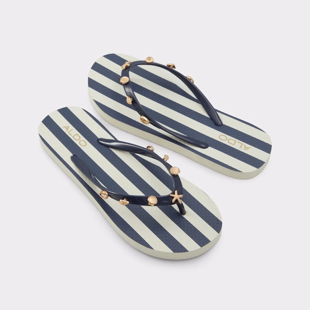 Aldo Women's Blue/White Striped Shell Charm Flip Flops Size 9